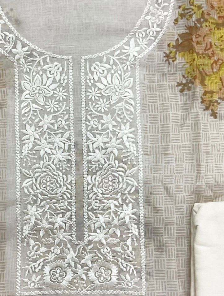 Pure Muslin Printed Embroidered Suit - Cream
