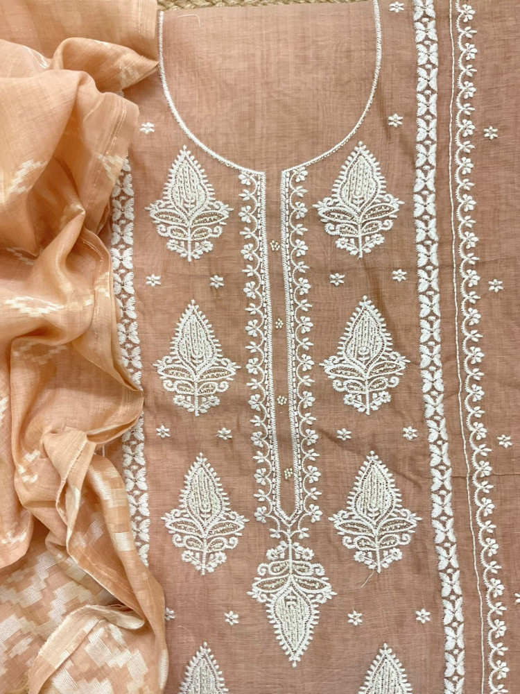Image of Soft Slub Chanderi Jamdani Weaved Embroidered Suit - Peach