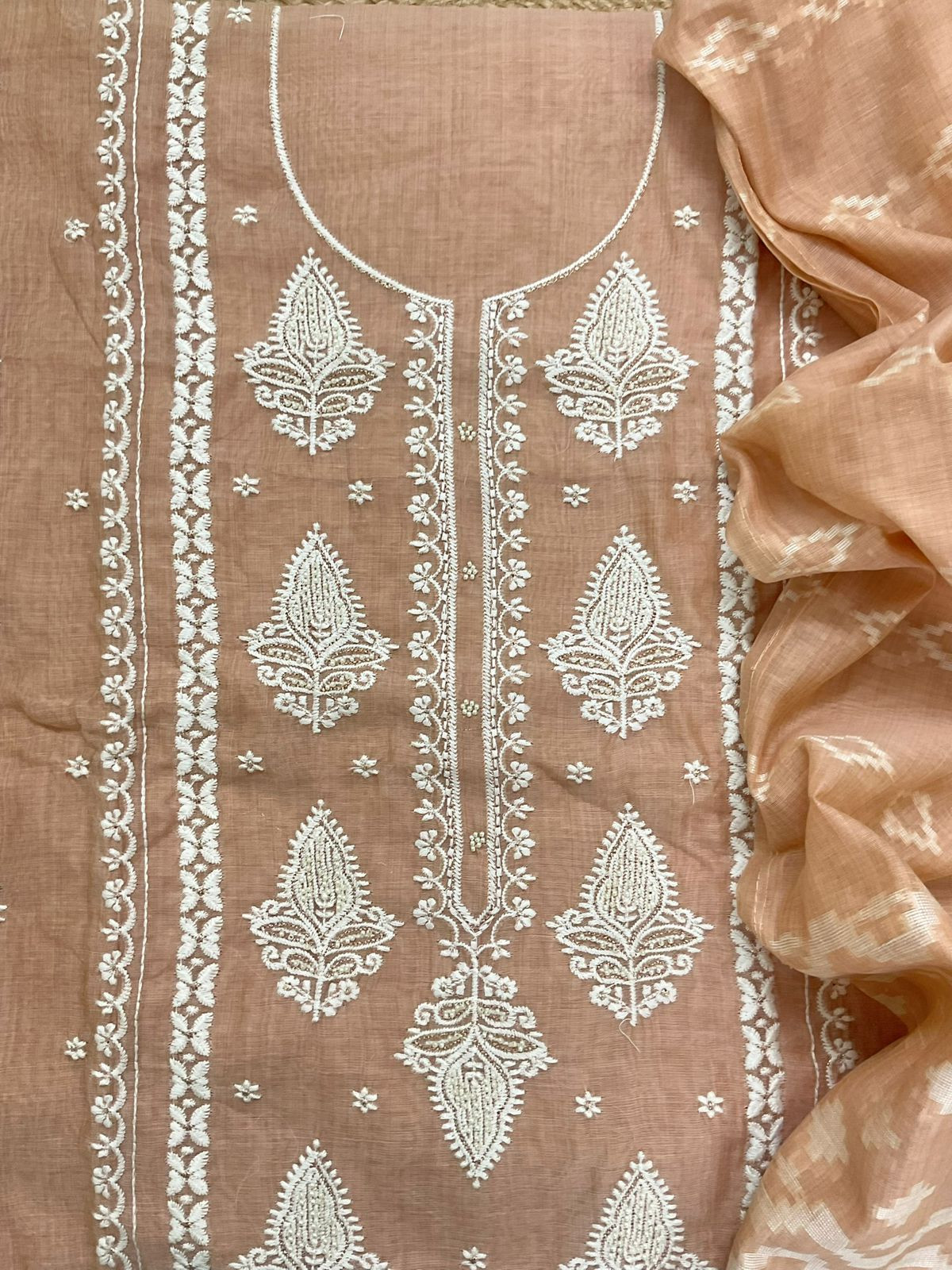 Soft Slub Chanderi Jamdani Weaved Embroidered Suit - Peach