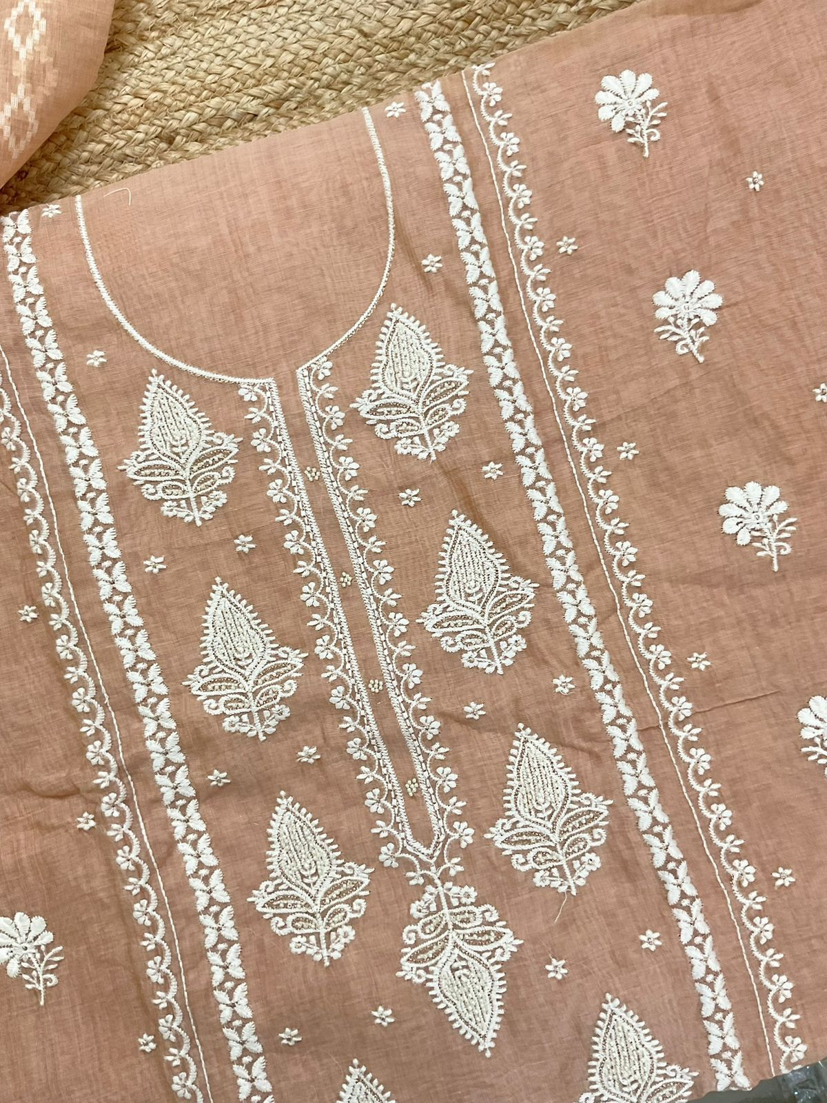 Soft Slub Chanderi Jamdani Weaved Embroidered Suit - Peach