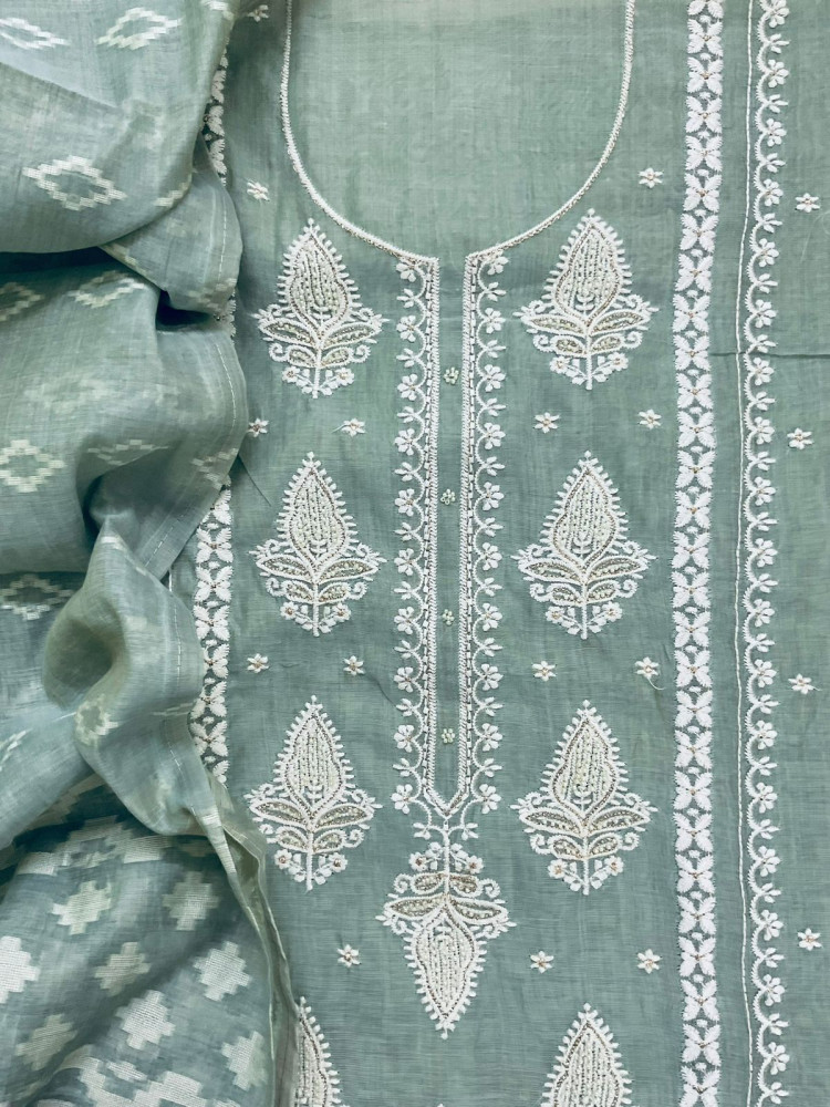 Image of Soft Slub Chanderi Jamdani Weaved Embroidered Suit - Sea Blue