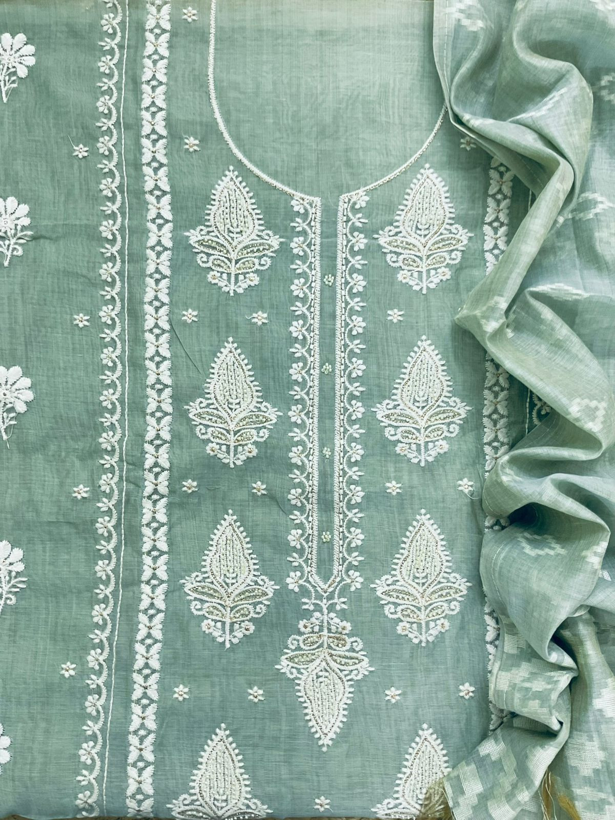 Soft Slub Chanderi Jamdani Weaved Embroidered Suit - Sea Blue