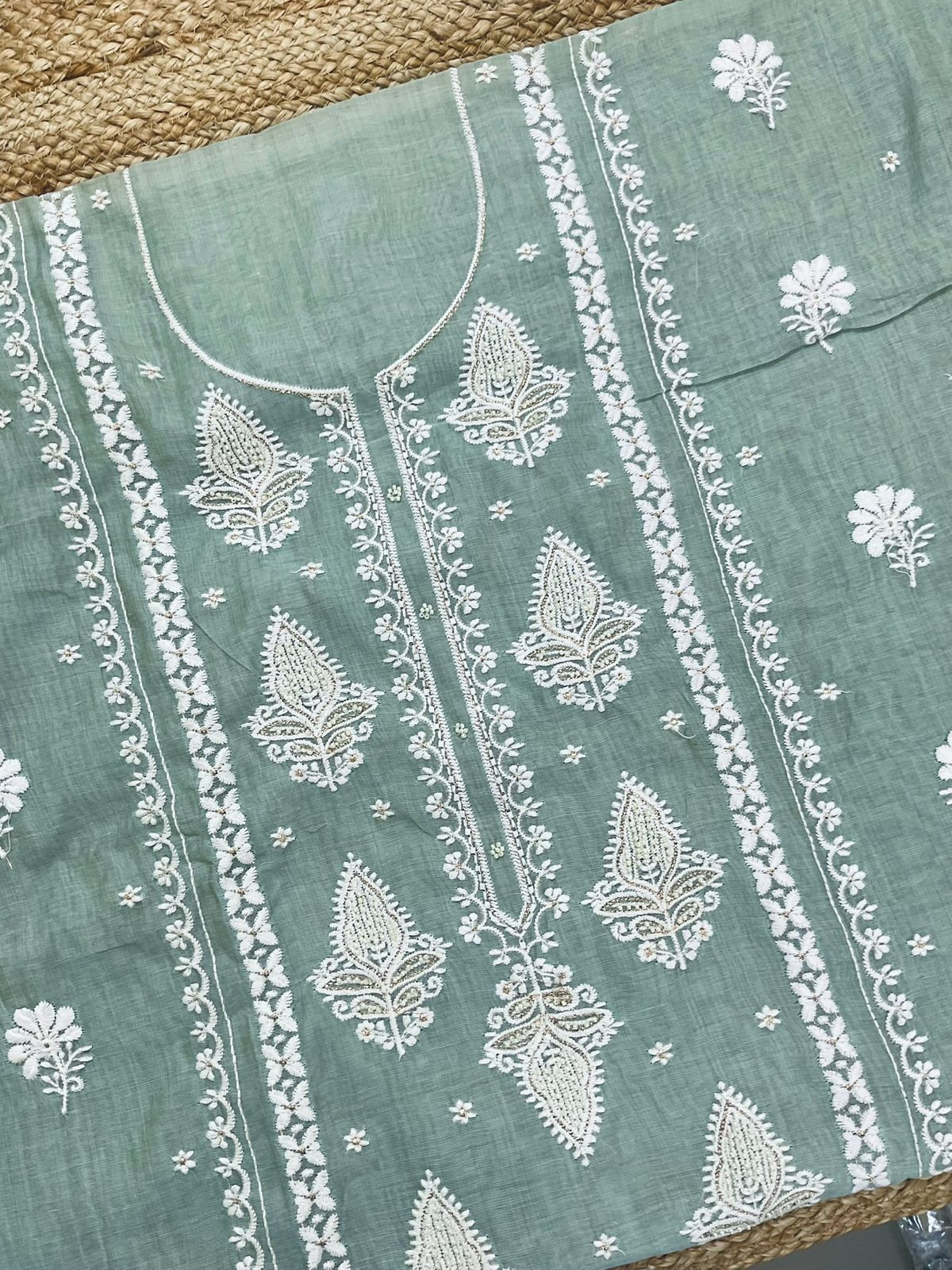 Soft Slub Chanderi Jamdani Weaved Embroidered Suit - Sea Blue