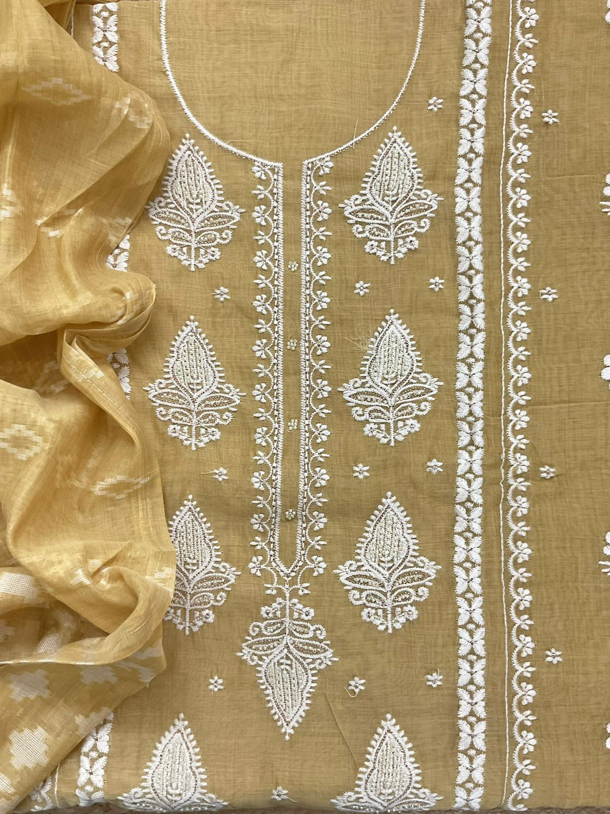 Soft Slub Chanderi Jamdani Weaved Embroidered Suit - Yellow