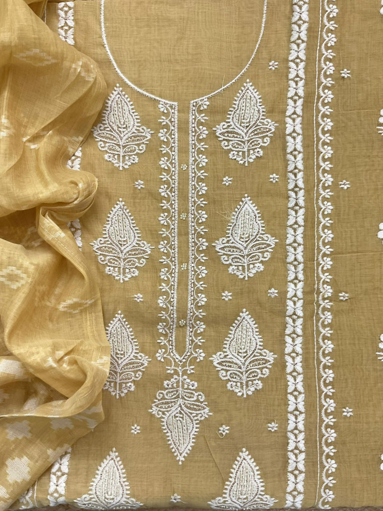 Image of Soft Slub Chanderi Jamdani Weaved Embroidered Suit - Yellow