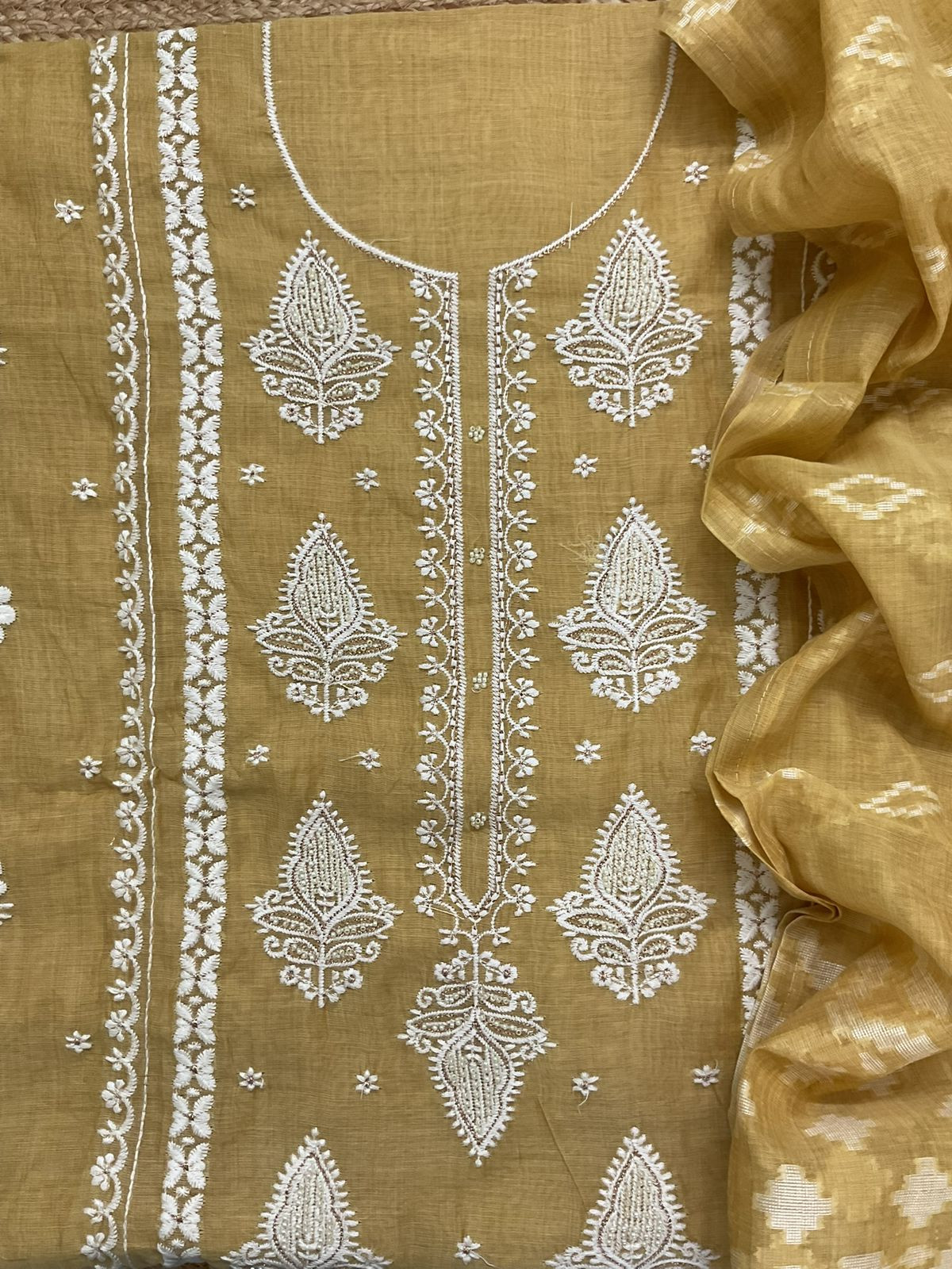 Soft Slub Chanderi Jamdani Weaved Embroidered Suit - Yellow