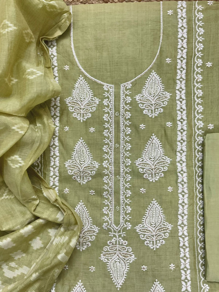 Image of Soft Slub Chanderi Jamdani Weaved Embroidered Suit - Green