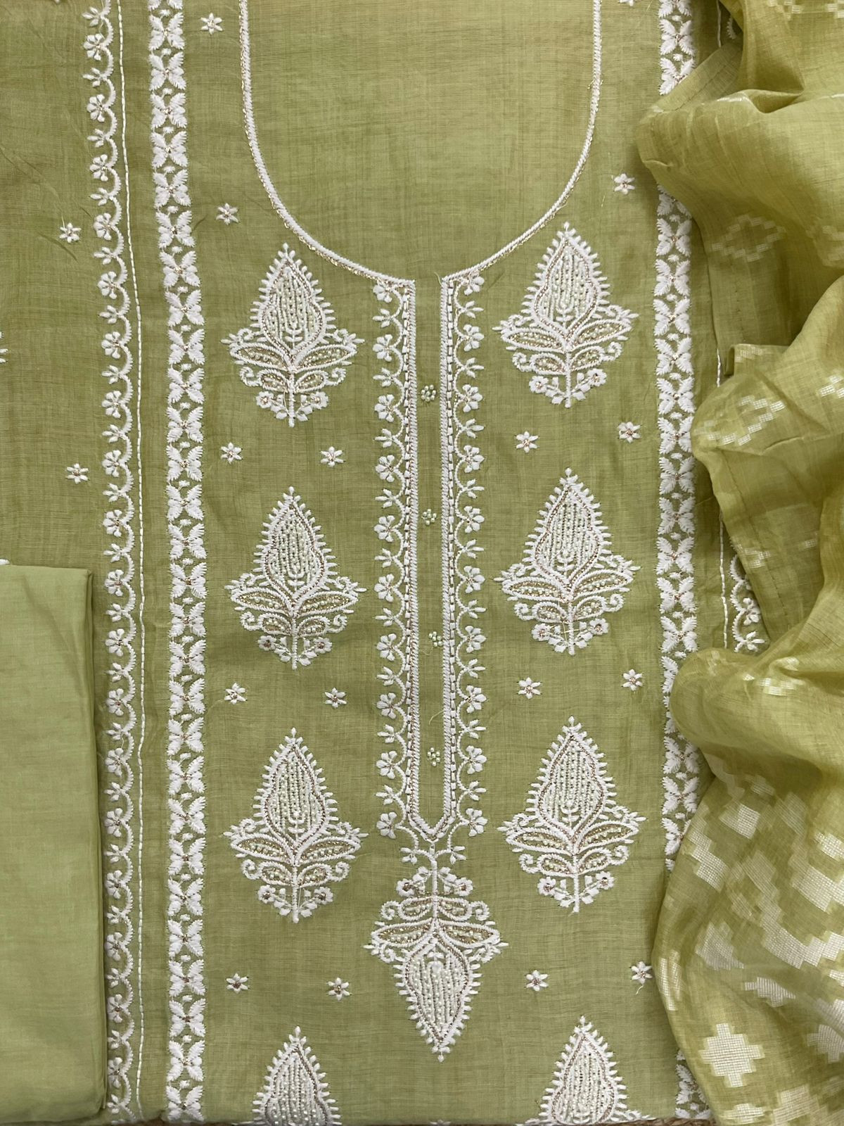 Soft Slub Chanderi Jamdani Weaved Embroidered Suit - Green