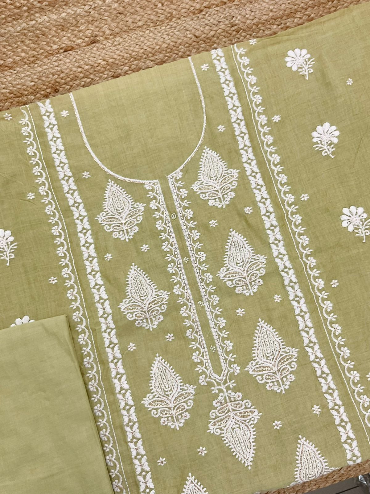 Soft Slub Chanderi Jamdani Weaved Embroidered Suit - Green