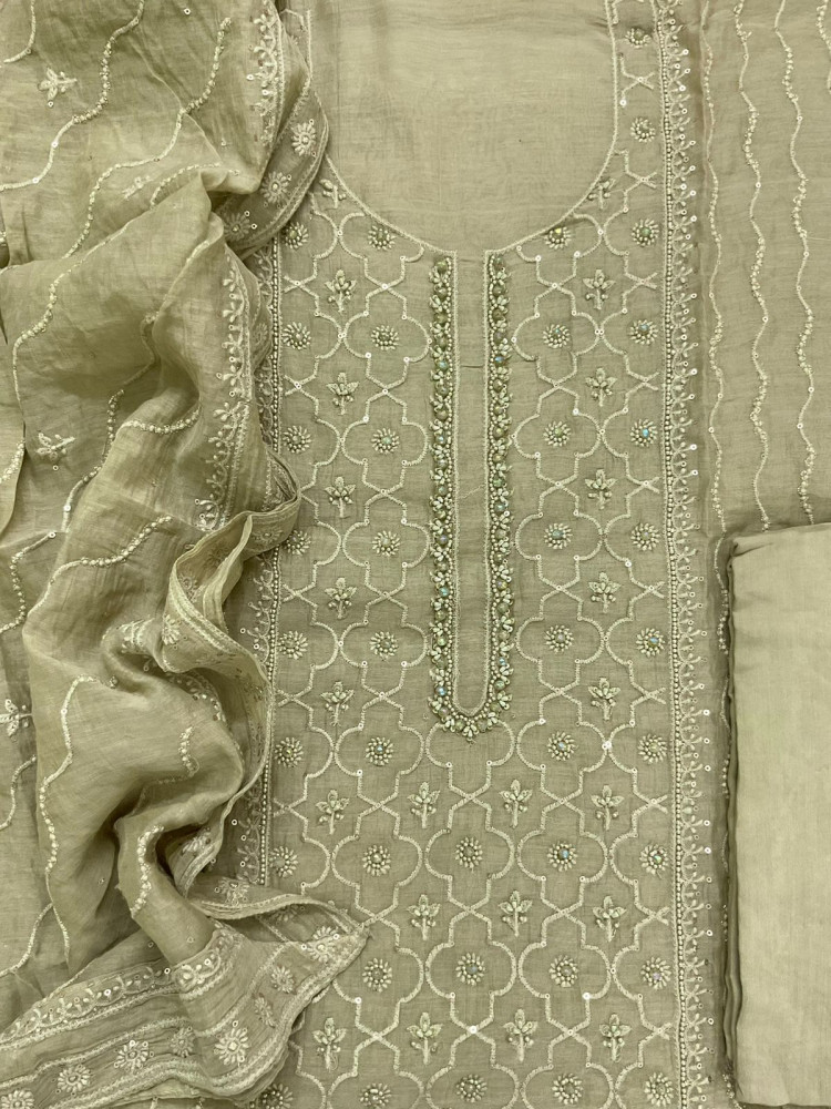 Image of Pure Mul Chanderi Embroidered Suit - Green