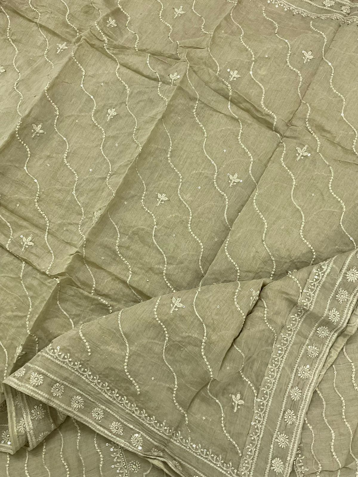 Pure Mul Chanderi Embroidered Suit - Green