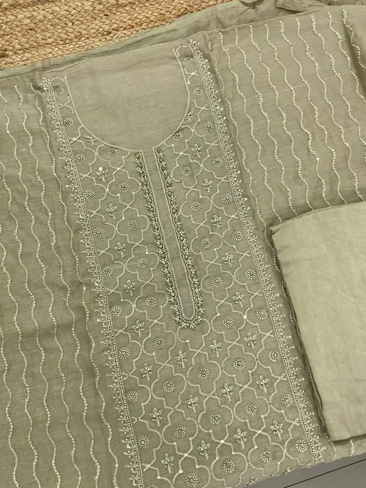 Pure Mul Chanderi Embroidered Suit - Green