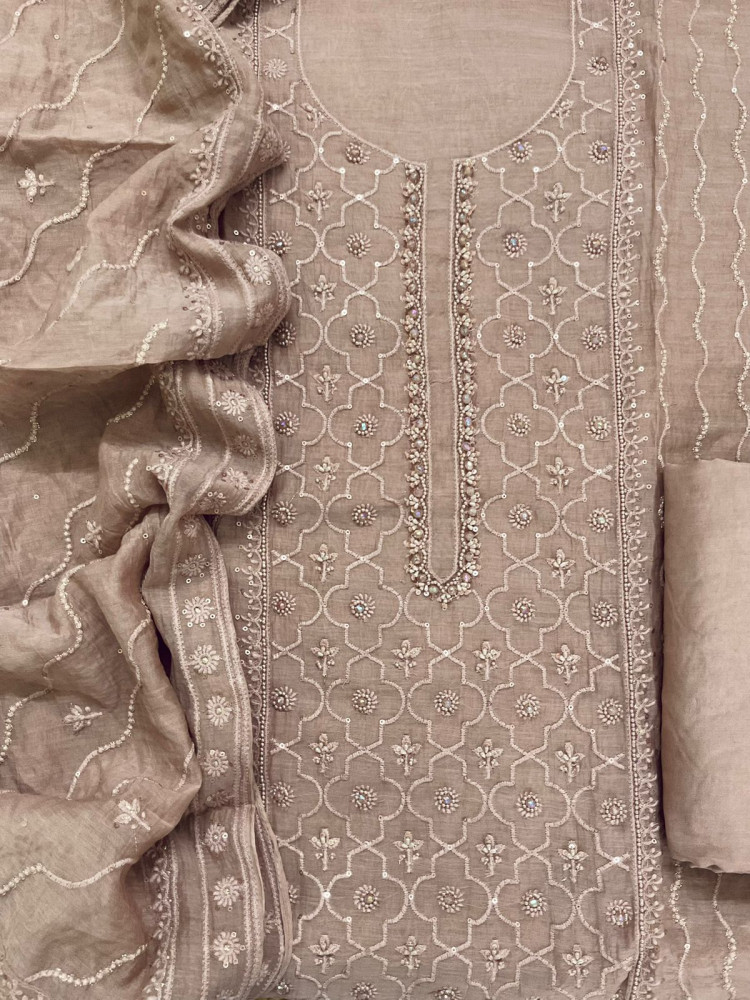 Image of Pure Mul Chanderi Embroidered Suit - Peachish Beige