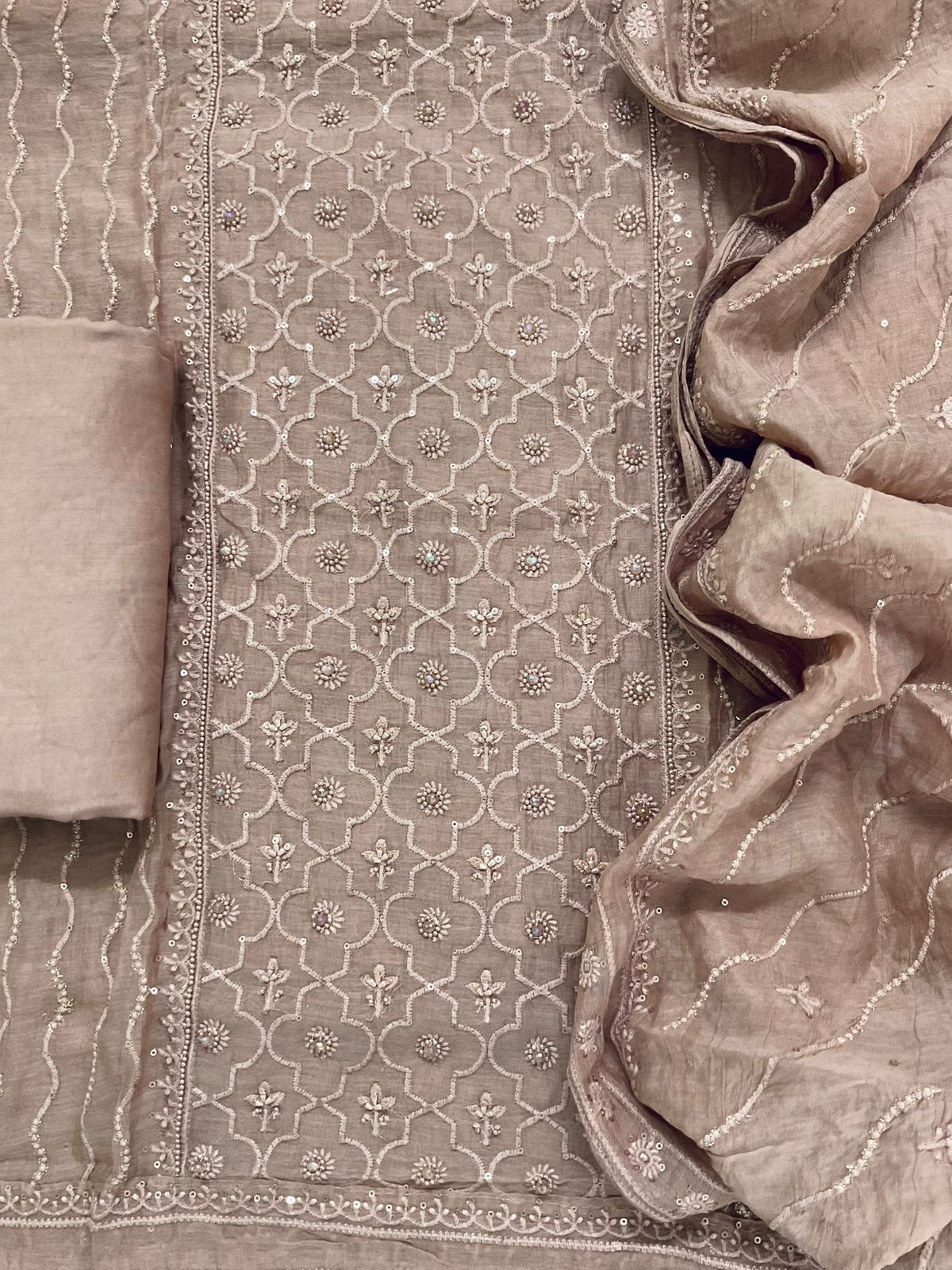 Pure Mul Chanderi Embroidered Suit - Peachish Beige