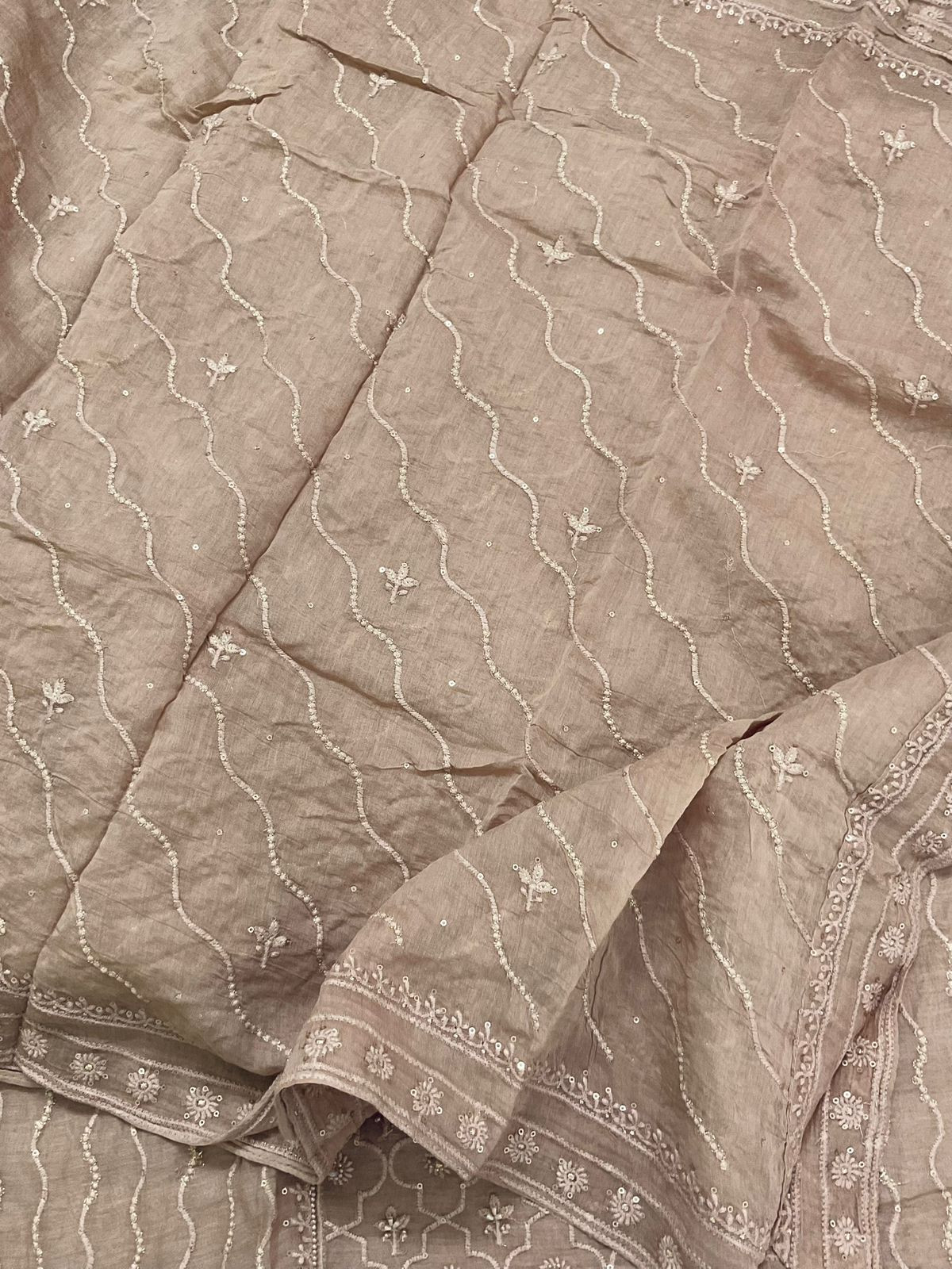 Pure Mul Chanderi Embroidered Suit - Peachish Beige
