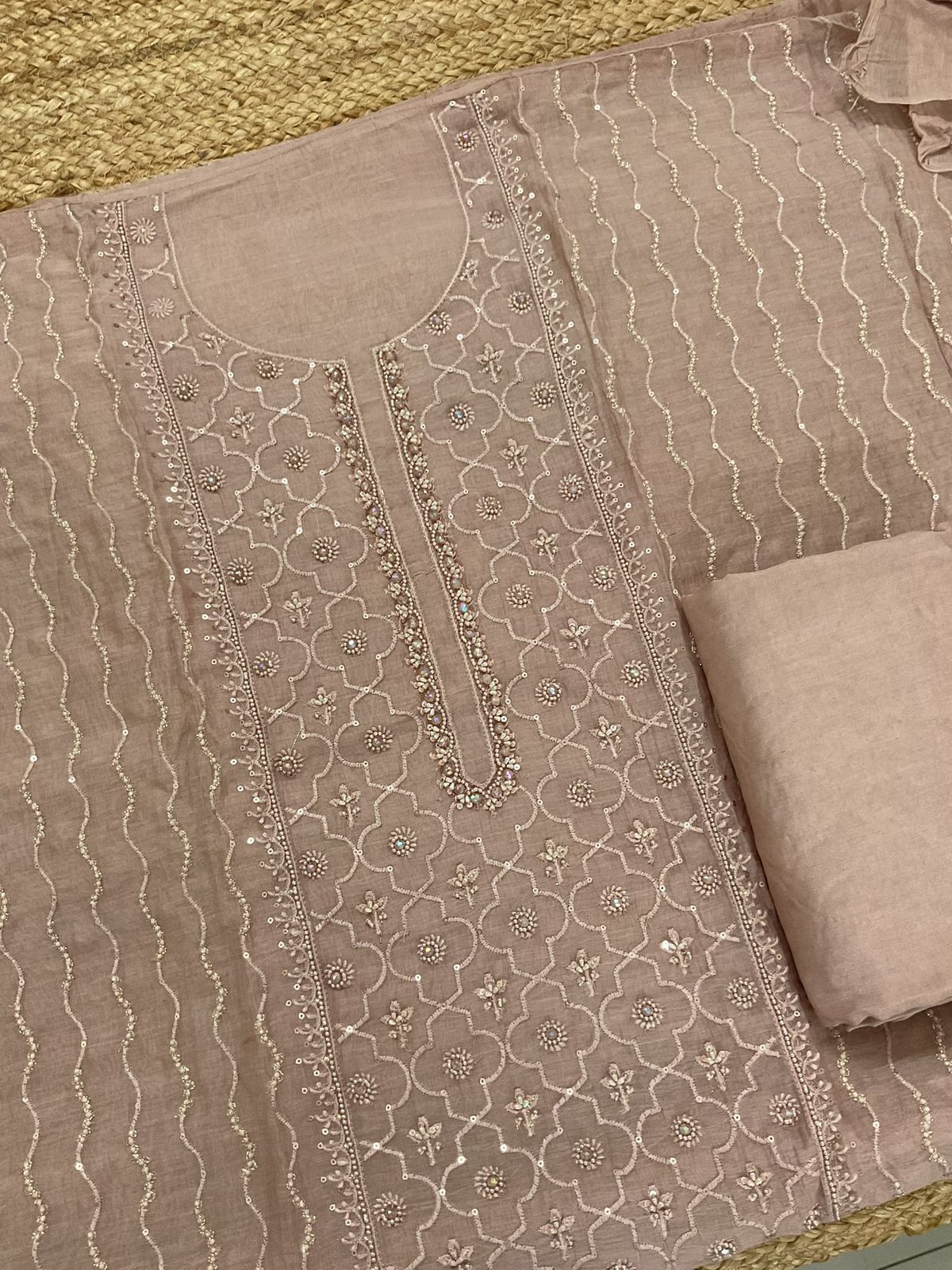 Pure Mul Chanderi Embroidered Suit - Peachish Beige