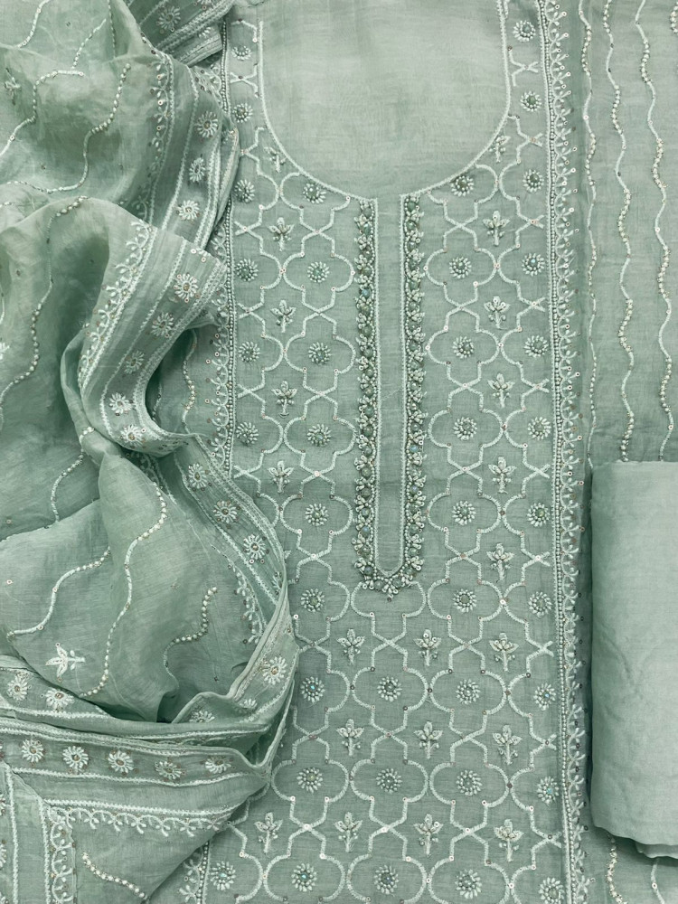 Image of Pure Mul Chanderi Embroidered Suit - Sea Green