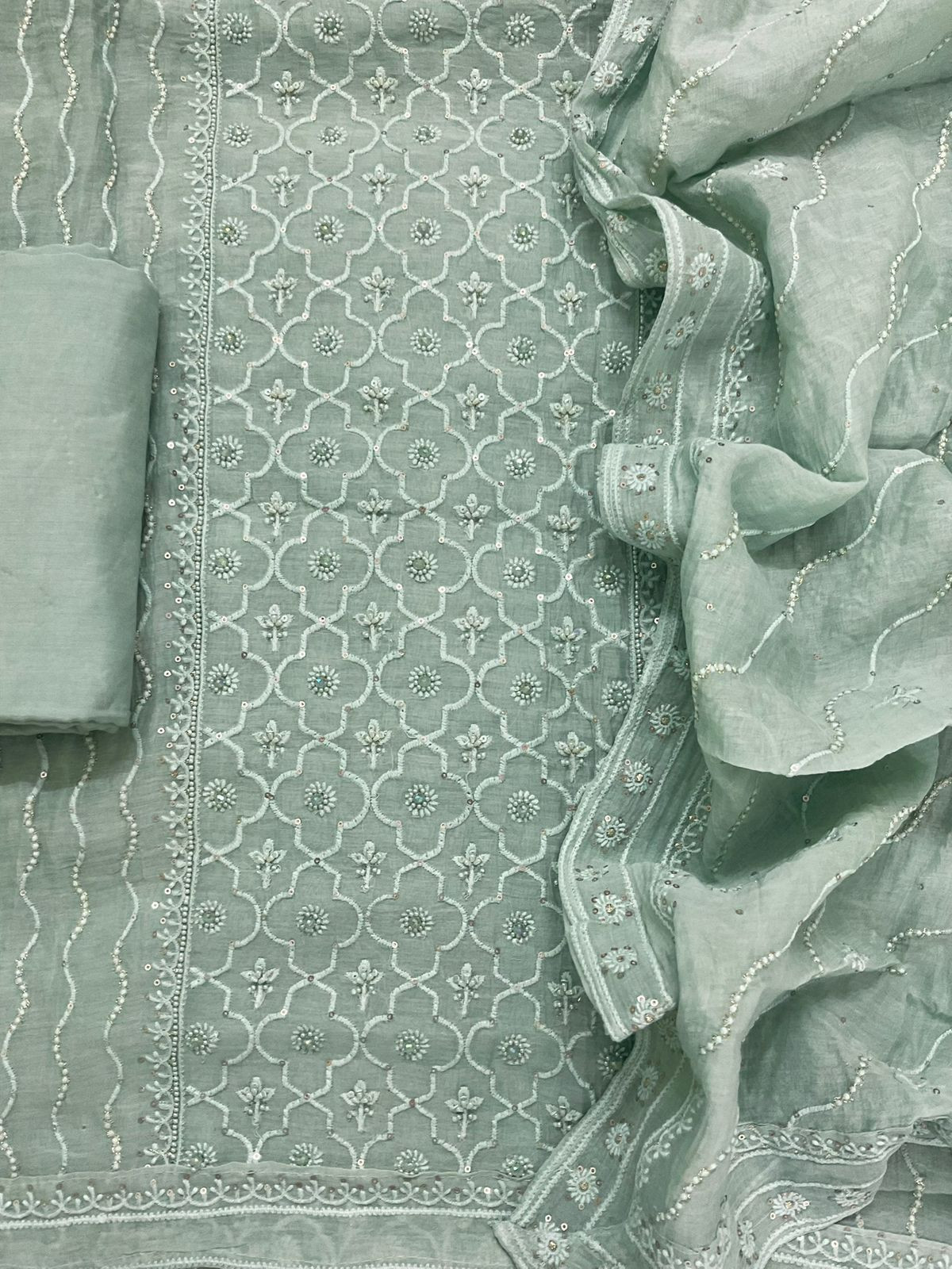 Pure Mul Chanderi Embroidered Suit - Sea Green