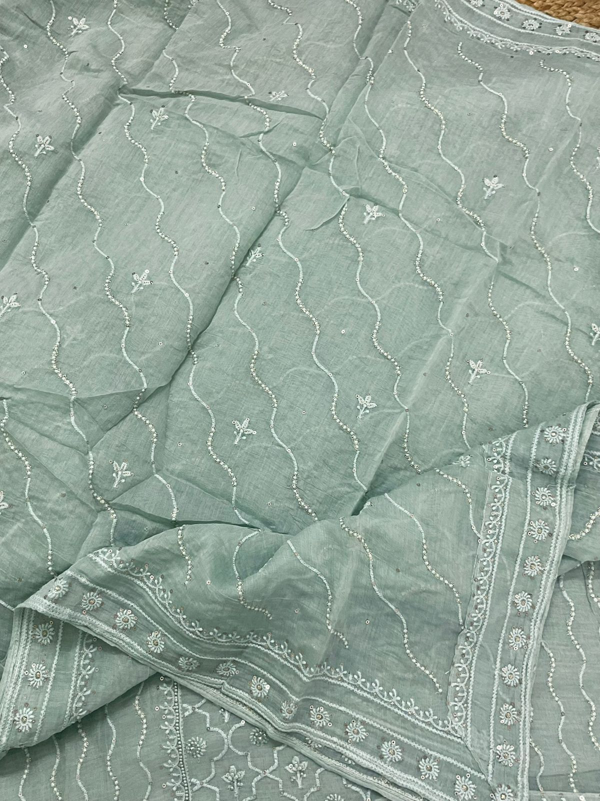 Pure Mul Chanderi Embroidered Suit - Sea Green