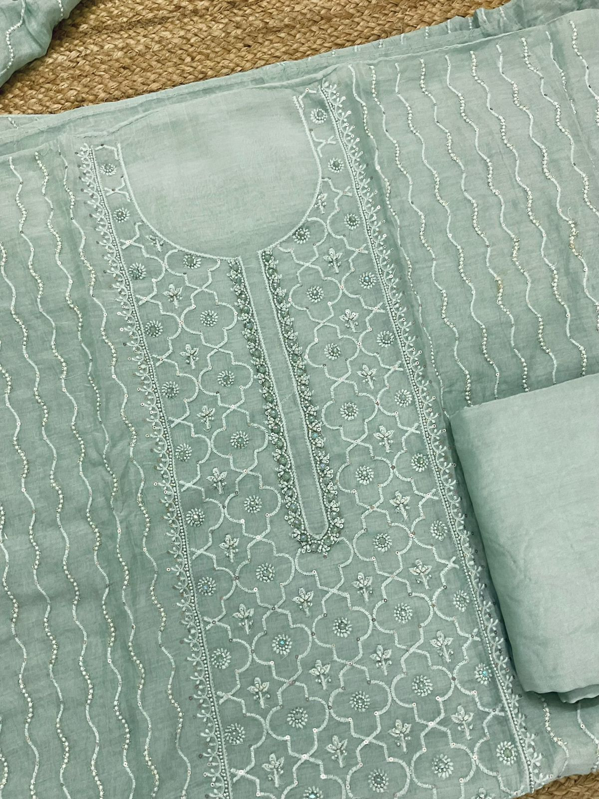 Pure Mul Chanderi Embroidered Suit - Sea Green