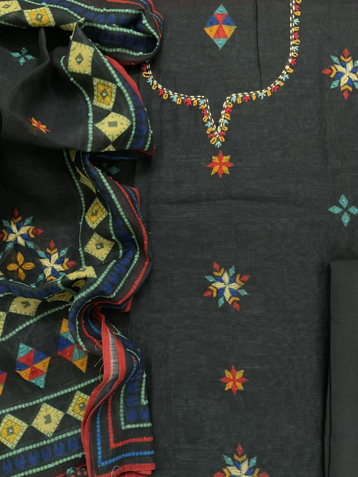 Soft Tissue Slub Cotton Printed Embroidered Suit - Black