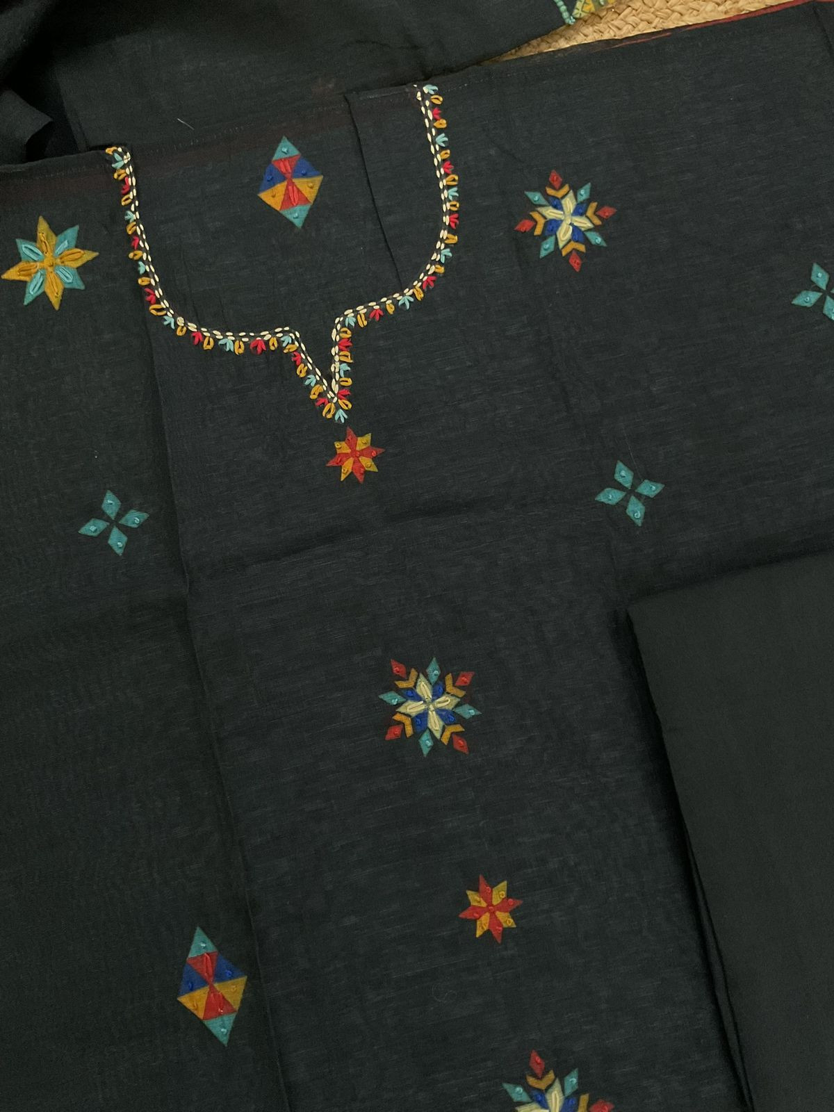 Soft Tissue Slub Cotton Printed Embroidered Suit - Black