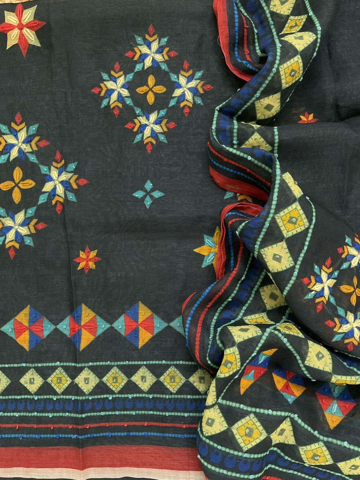 Soft Tissue Slub Cotton Printed Embroidered Suit - Black