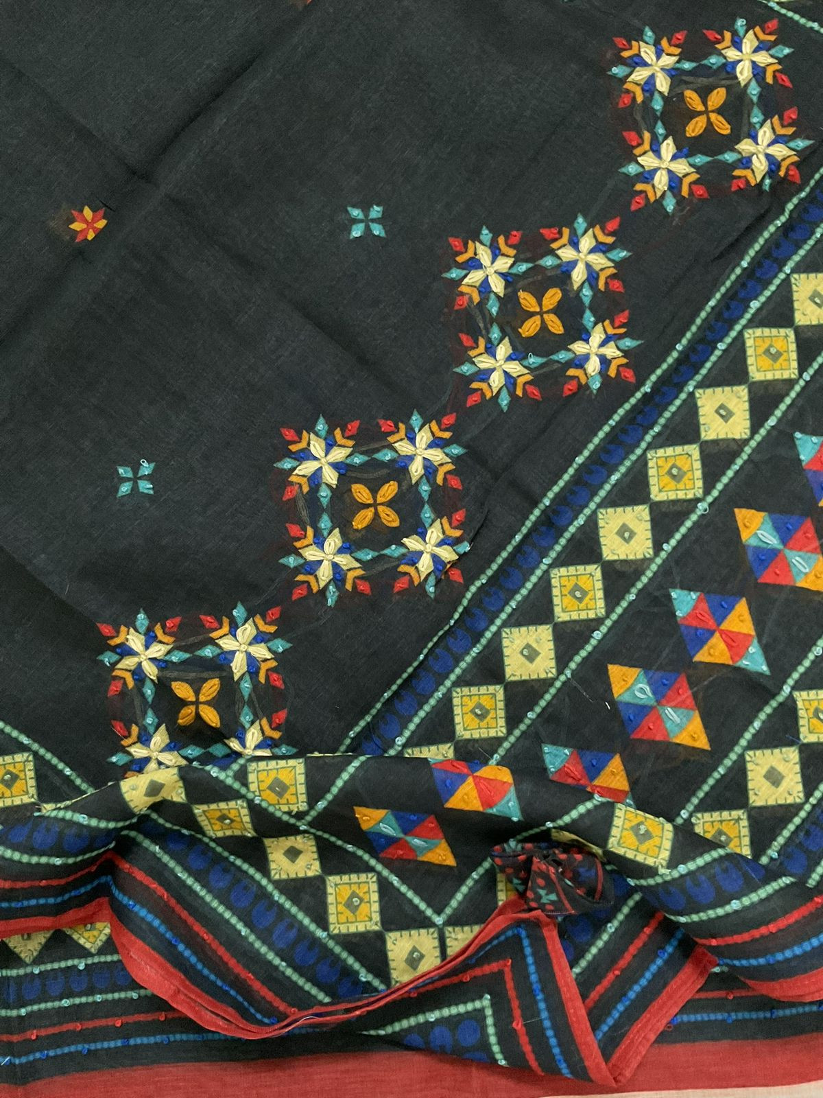Soft Tissue Slub Cotton Printed Embroidered Suit - Black