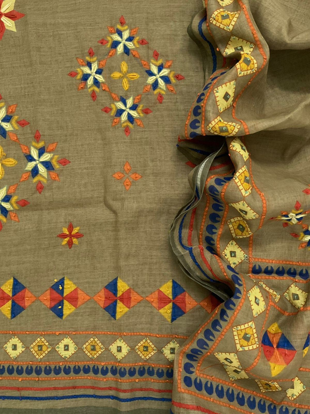 Soft Tissue Slub Cotton Printed Embroidered Suit - greenish brown Greenish Brown