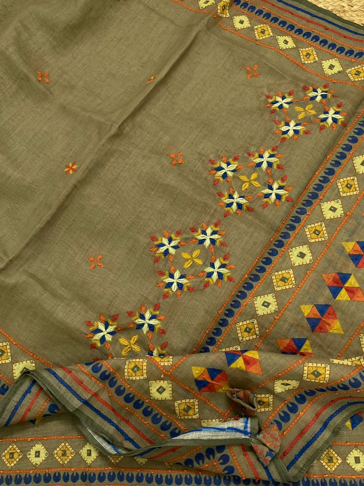 Soft Tissue Slub Cotton Printed Embroidered Suit - greenish brown Greenish Brown