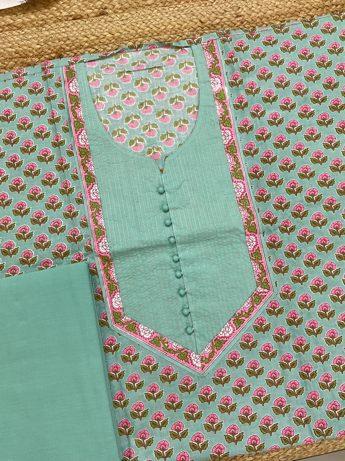 Pure Cotton Printed Embroidered Suit - Sea Blue