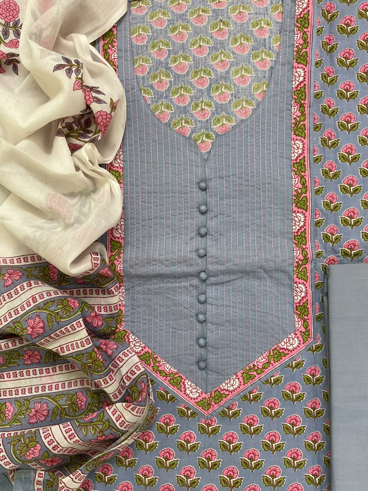 Image of Pure Cotton Printed Embroidered Suit - Lavender