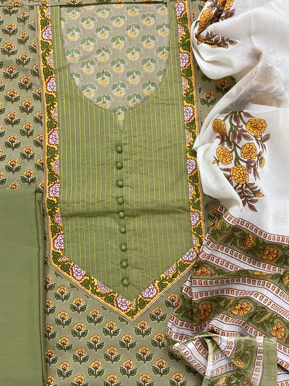 Pure Cotton Printed Embroidered Suit - Green