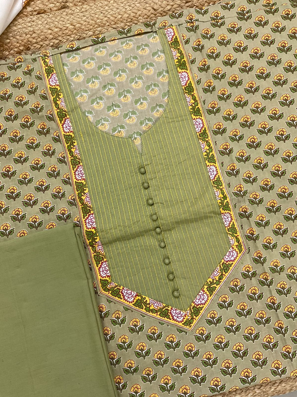 Pure Cotton Printed Embroidered Suit - Green