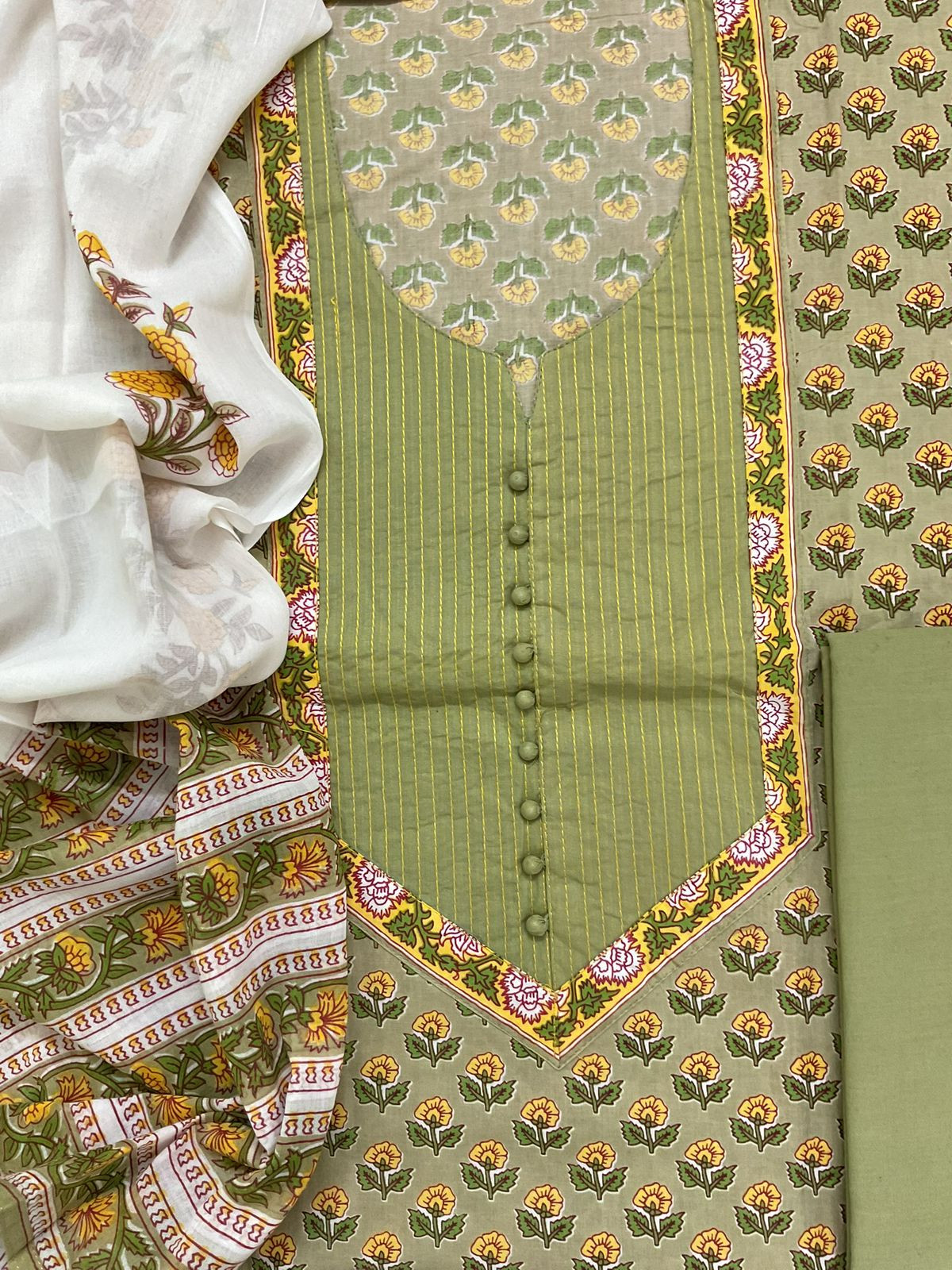 Pure Cotton Printed Embroidered Suit - Green