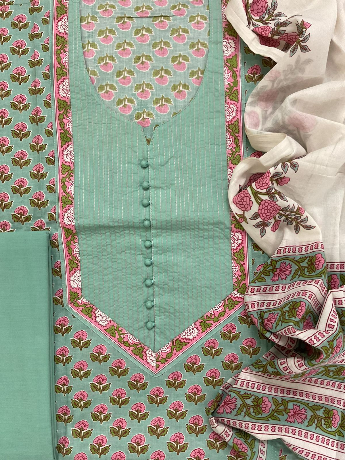 Pure Cotton Printed Embroidered Suit - Sea Blue