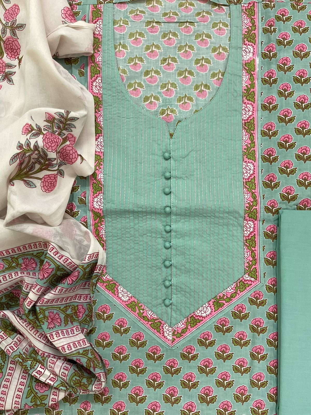 Pure Cotton Printed Embroidered Suit - Sea Blue