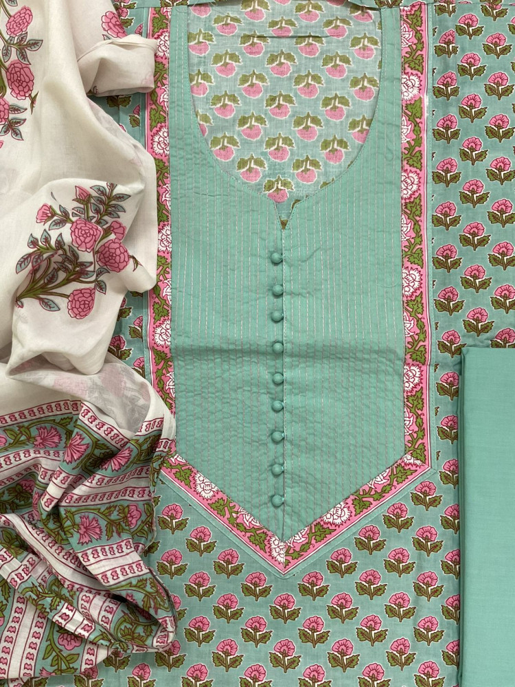 Image of Pure Cotton Printed Embroidered Suit - Sea Blue