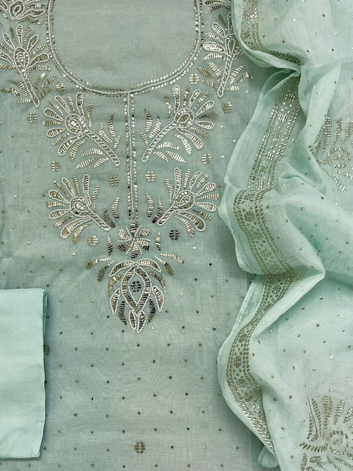 Soft Chanderi Embroidered Suit - Sea Green