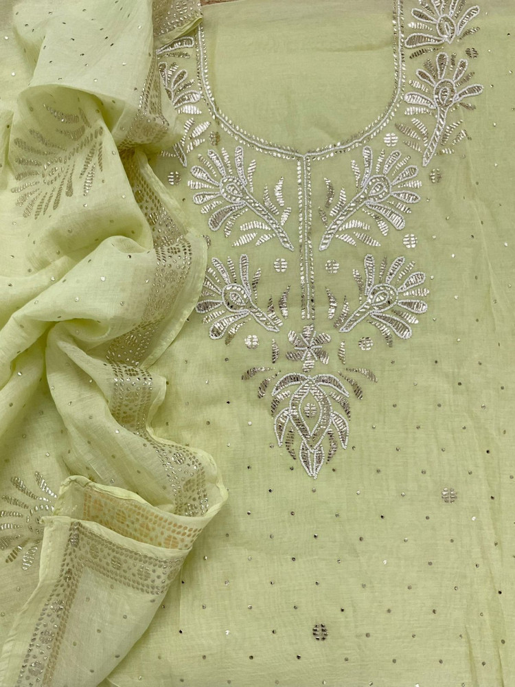 Image of Soft Chanderi Embroidered Suit - Lime Green