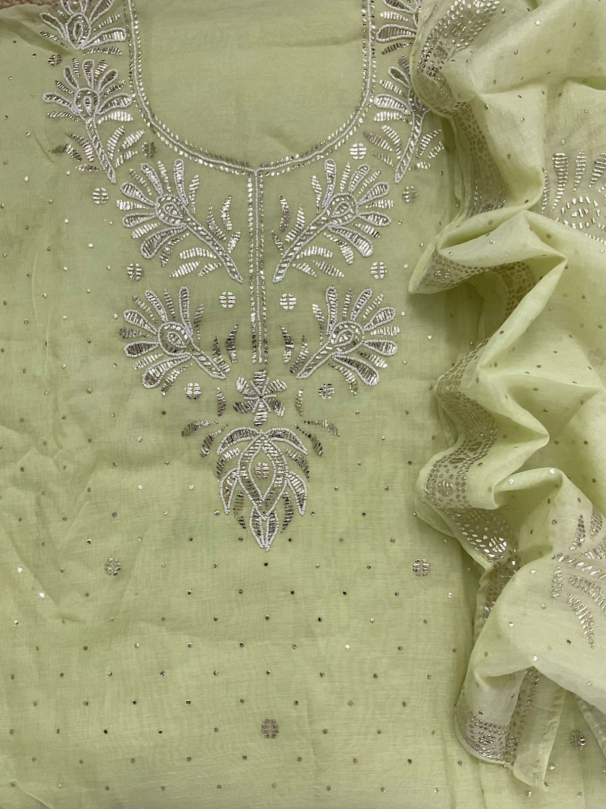 Soft Chanderi Embroidered Suit - Lime Green