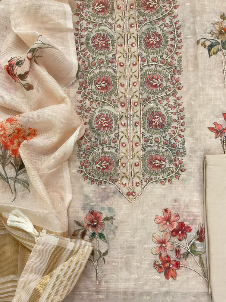 Image of Soft Kota Silk Printed Embroidered Banarasi Weaved Suit - Peachish Beige