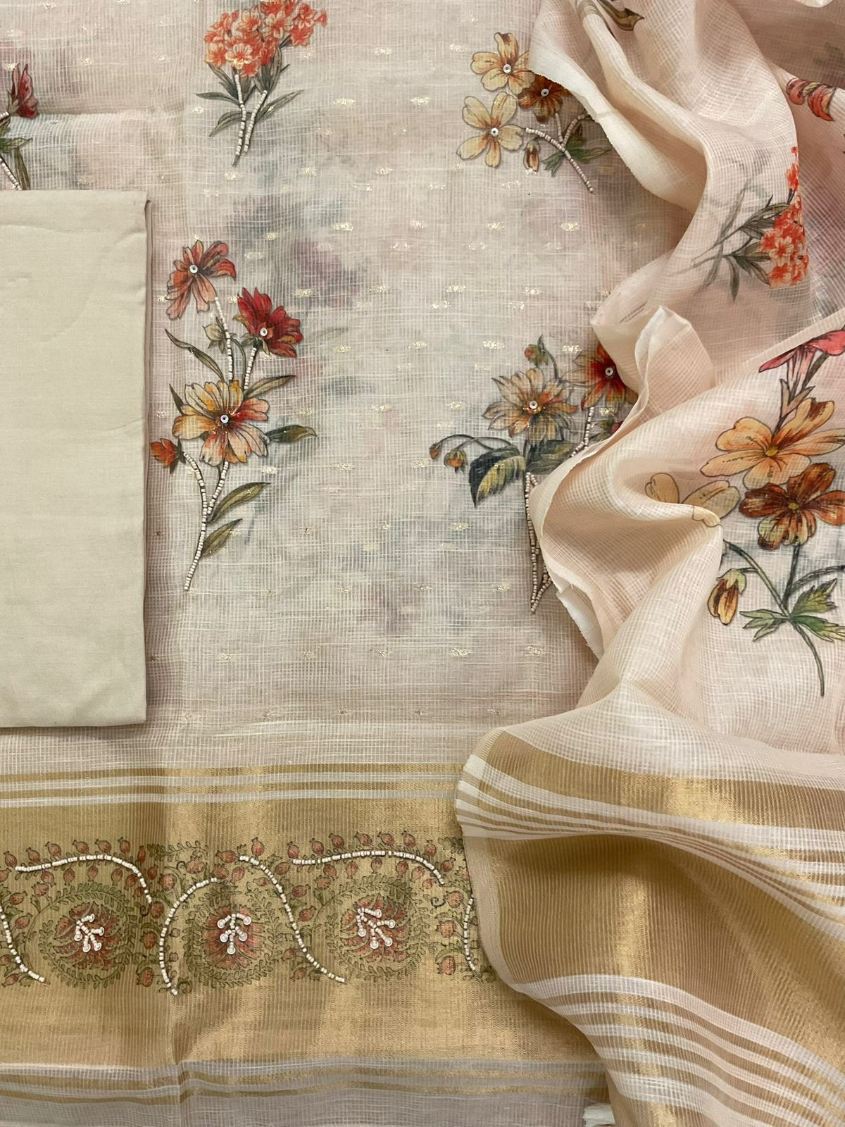 Soft Kota Silk Printed Embroidered Banarasi Weaved Suit - Peachish Beige