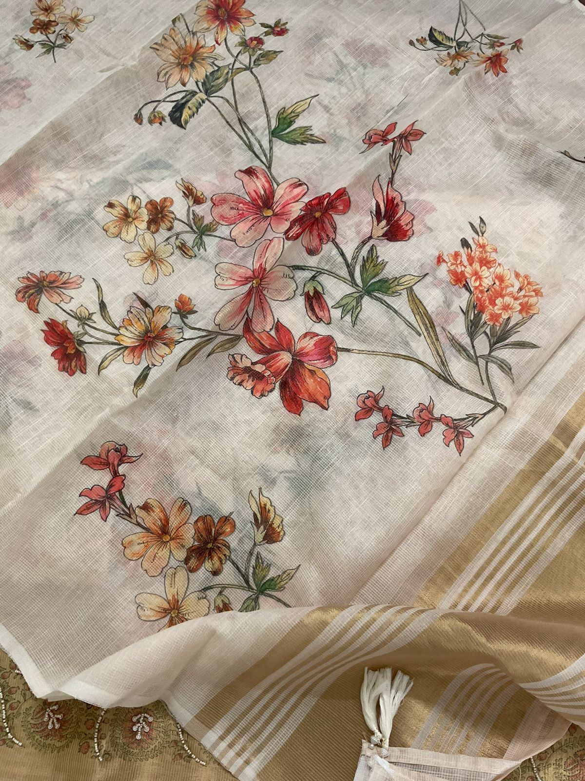 Soft Kota Silk Printed Embroidered Banarasi Weaved Suit - Peachish Beige