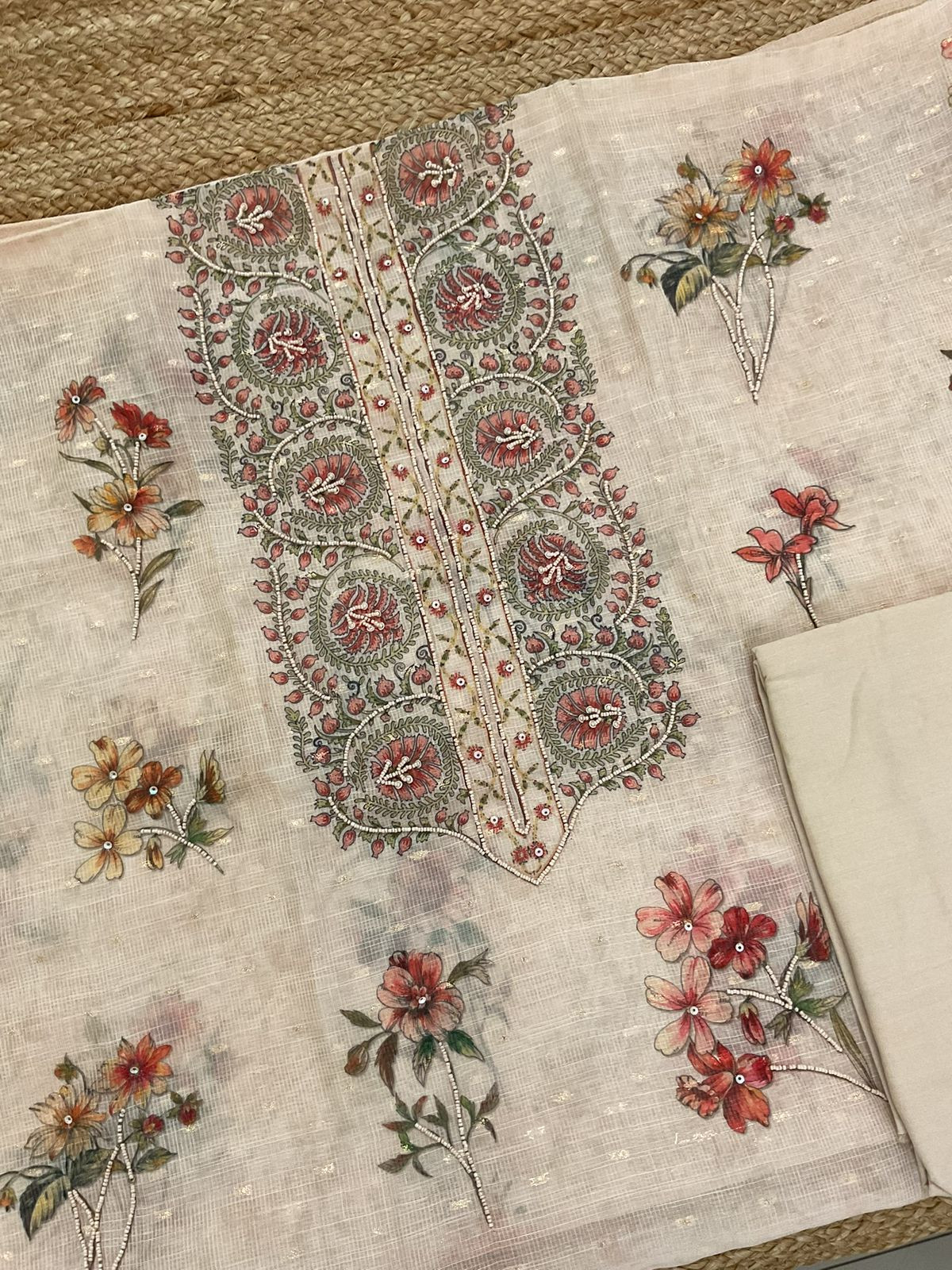 Soft Kota Silk Printed Embroidered Banarasi Weaved Suit - Peachish Beige