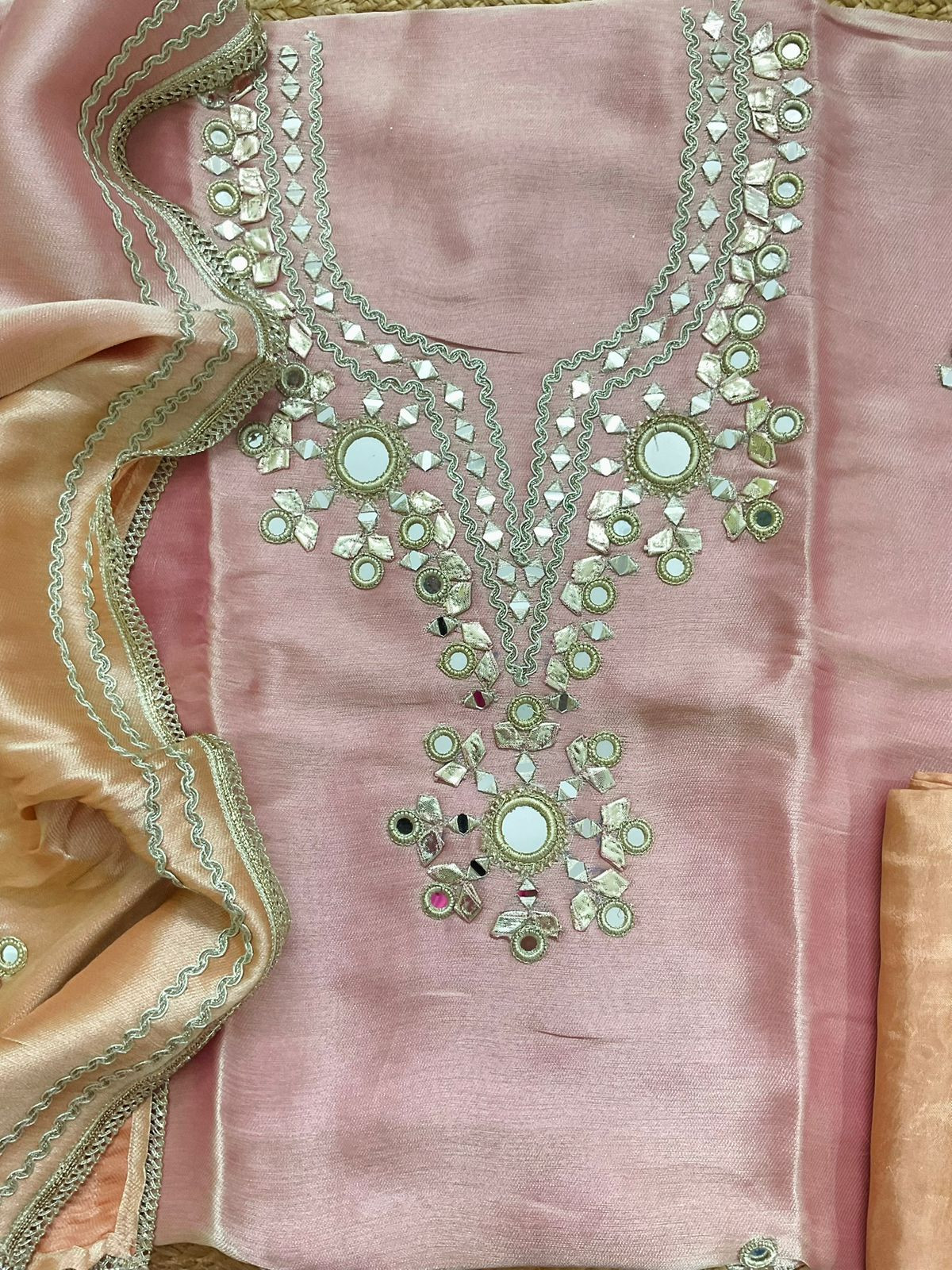 Soft Tissue Cotton Silk Embroidered Suit - Pink