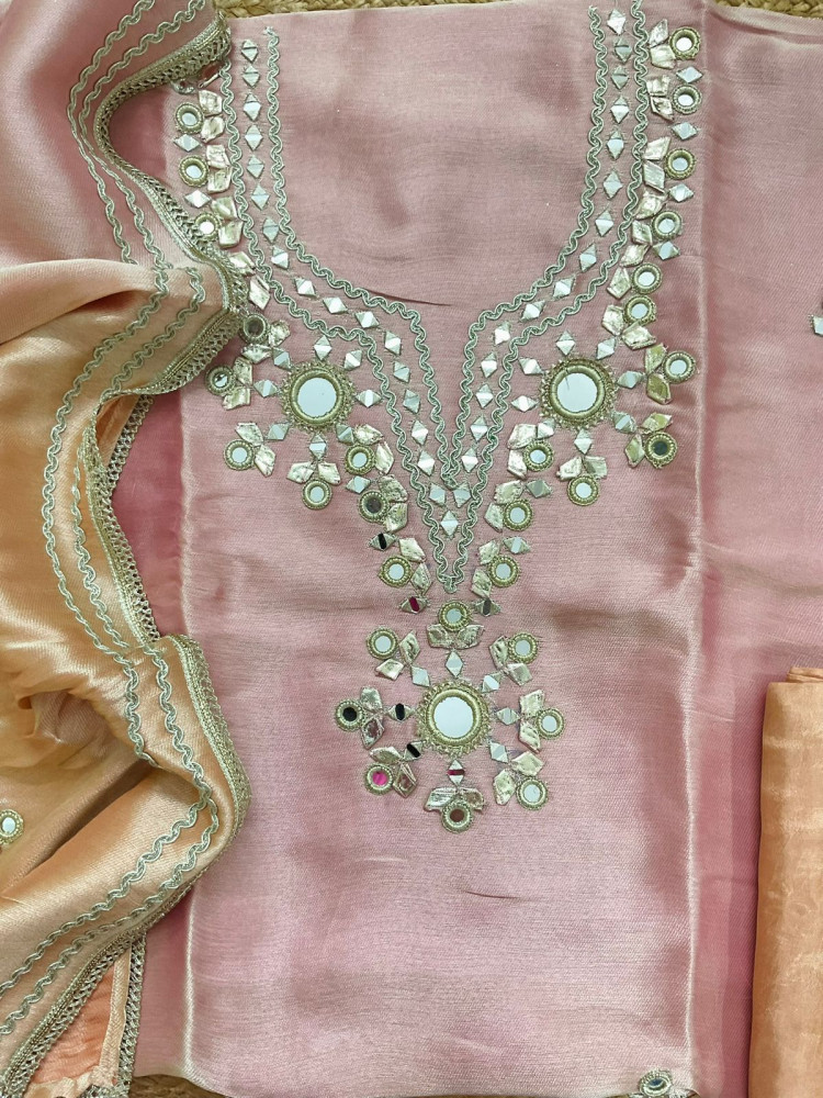 Image of Soft Tissue Cotton Silk Embroidered Suit - Pink