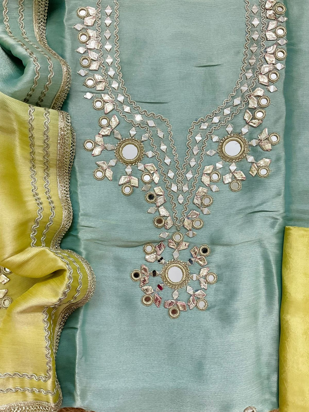 Soft Tissue Cotton Silk Embroidered Suit - Blue