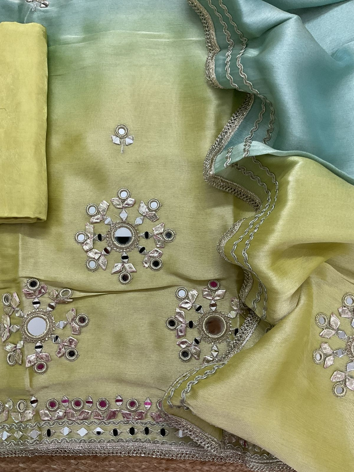 Soft Tissue Cotton Silk Embroidered Suit - Blue