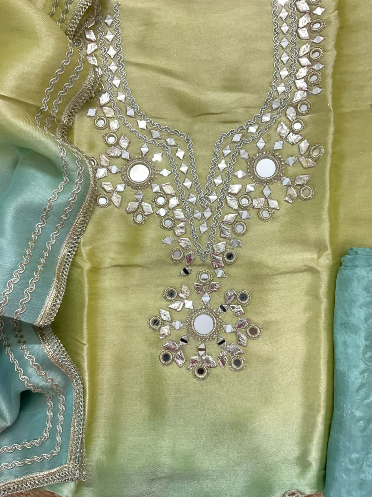 Image of Soft Tissue Cotton Silk Embroidered Suit - Green